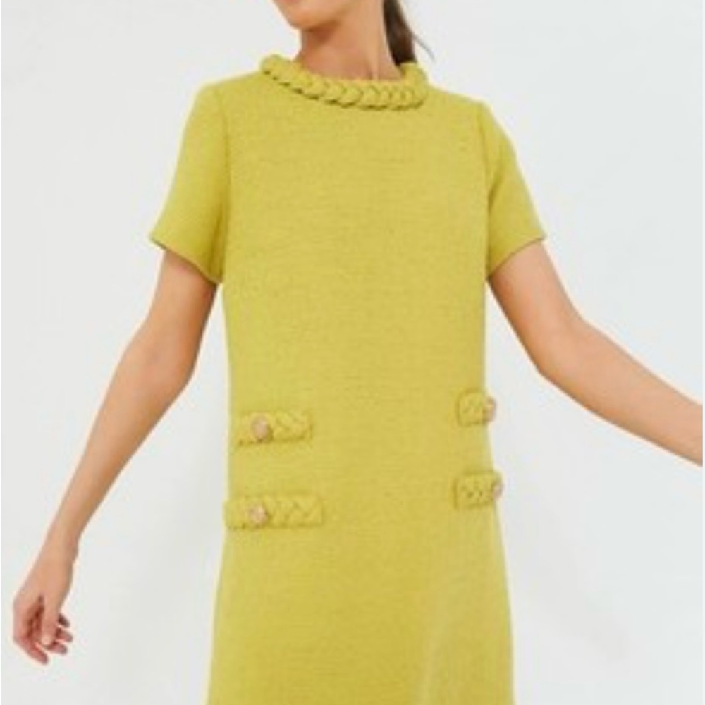 Tuckernuck Braided Trim Short-Sleeve Shift Dress in Chartreuse